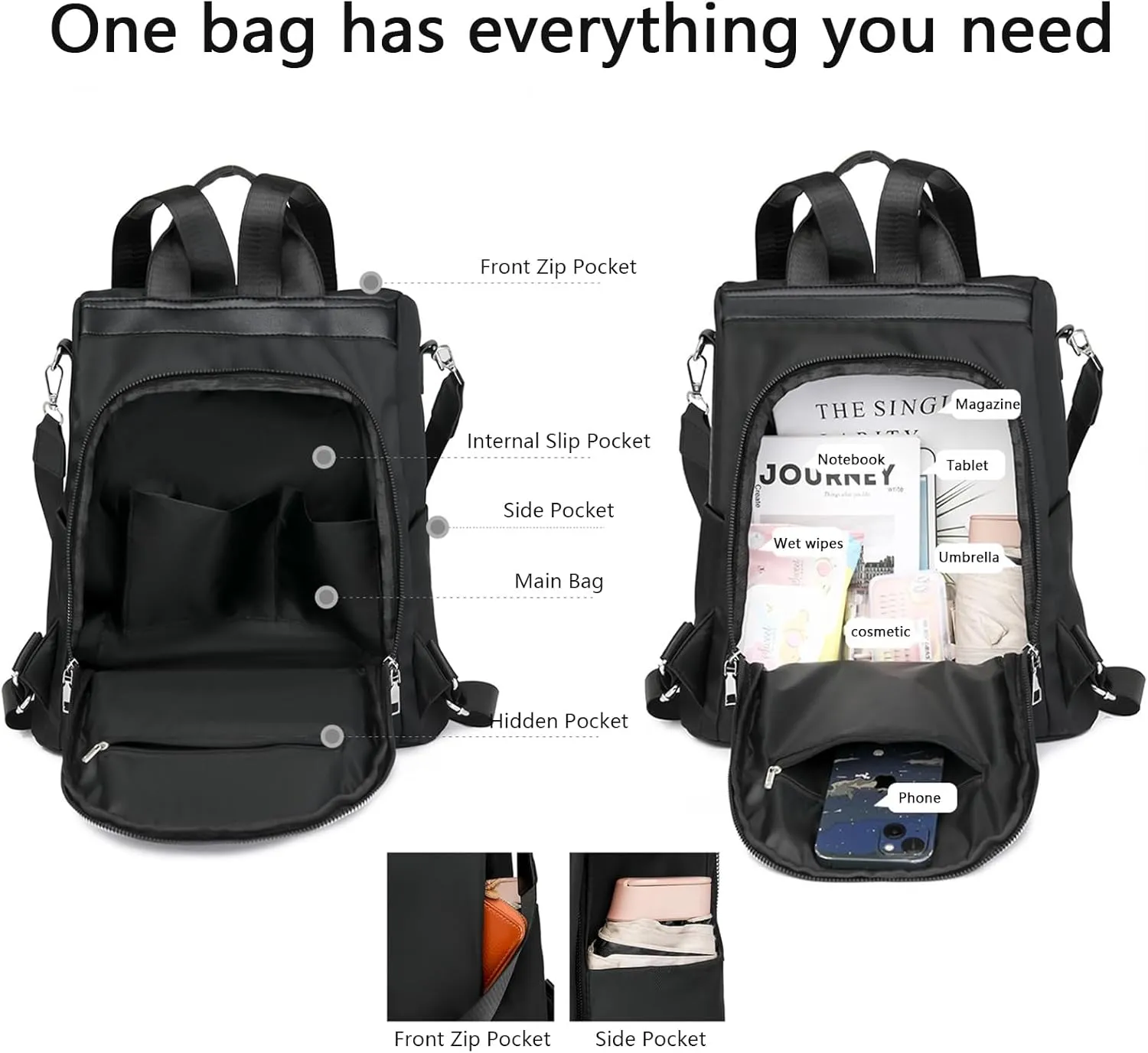 Anti-Theft Large Capacity Backpack, Shoulder Bag for Women, Crossbody Lightweight Lavazza Backpack Bishe Bag (Black)