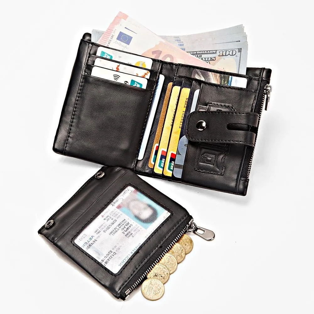 Anti-Theft Mens Wallet with Chain Genuine Leather ID Window Purse with RFID Blocking Bifold Double Zipper Coin Pocket