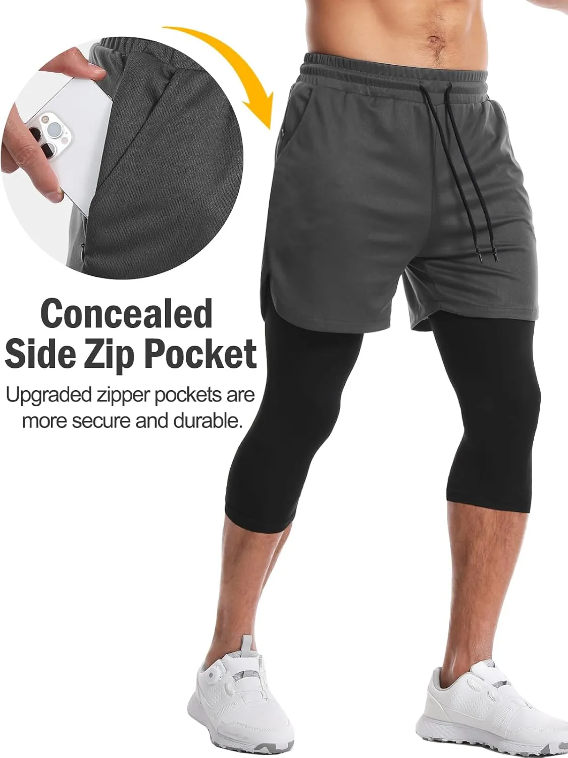 Aolesy Men's 2 in 1 Running Compression Pants, Black, High Rise, Athletic Tapered