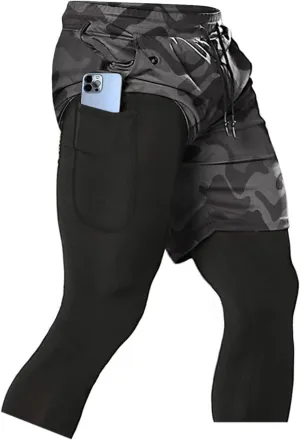 Aolesy Men's 2 in 1 Running Compression Pants, Black, High Rise, Athletic Tapered