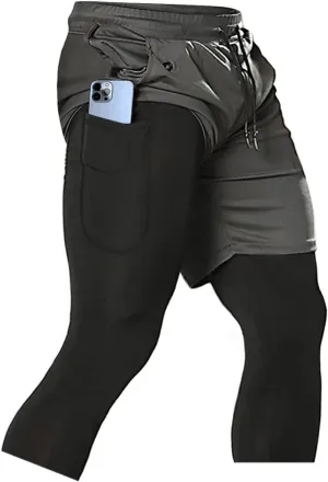 Aolesy Men's 2 in 1 Running Compression Pants, Black, High Rise, Athletic Tapered