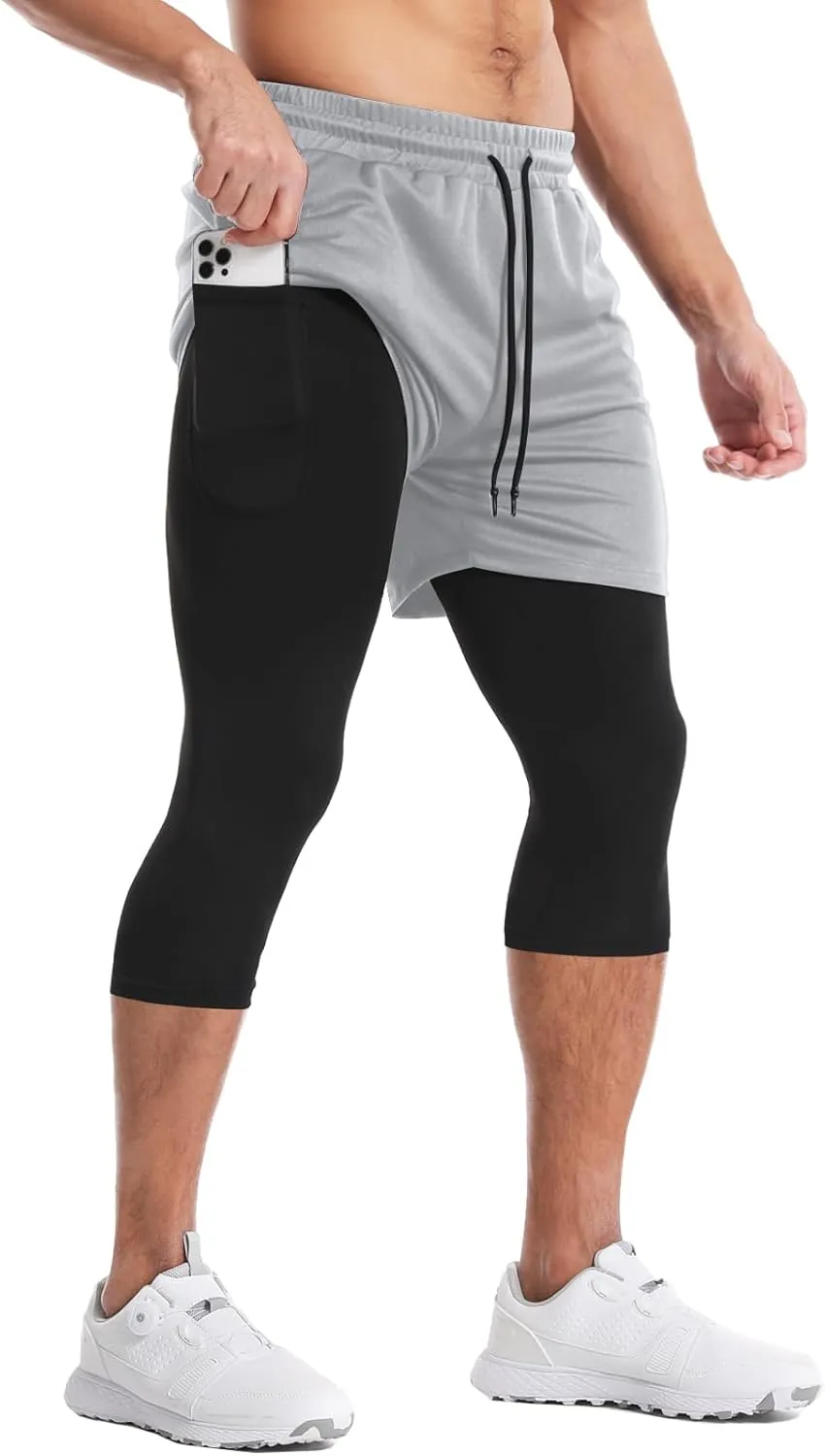 Aolesy Men's 2 in 1 Running Compression Pants, Black, High Rise, Athletic Tapered