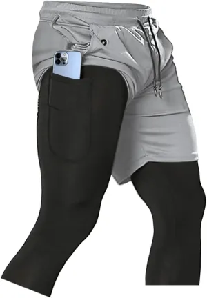 Aolesy Men's 2 in 1 Running Compression Pants, Black, High Rise, Athletic Tapered