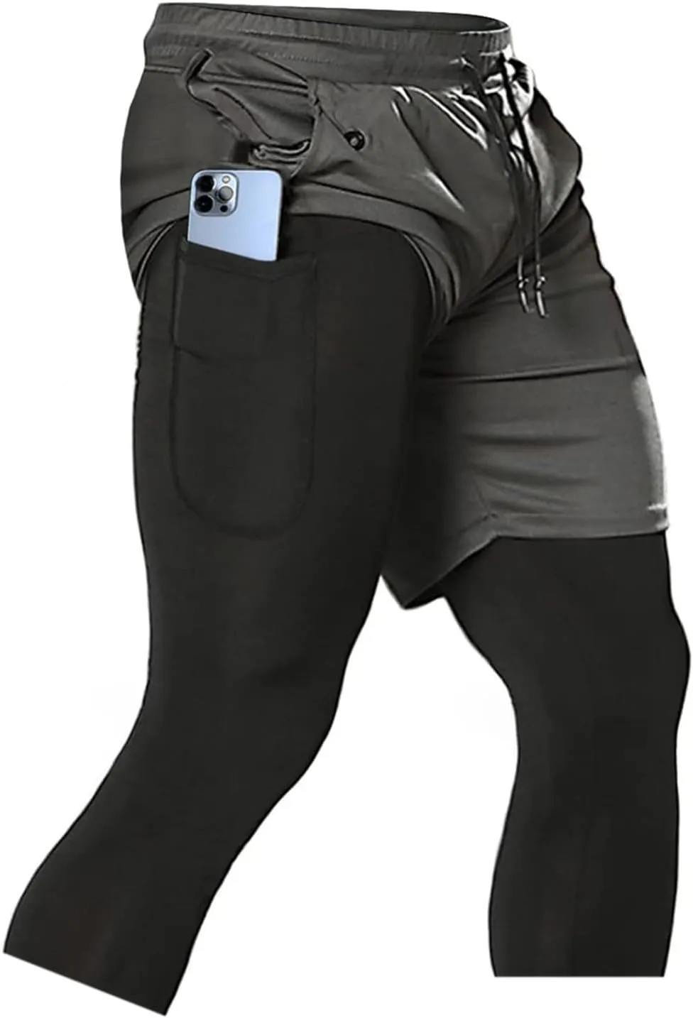 Aolesy Men's 2 in 1 Running Compression Pants, Black, High Rise, Athletic Tapered