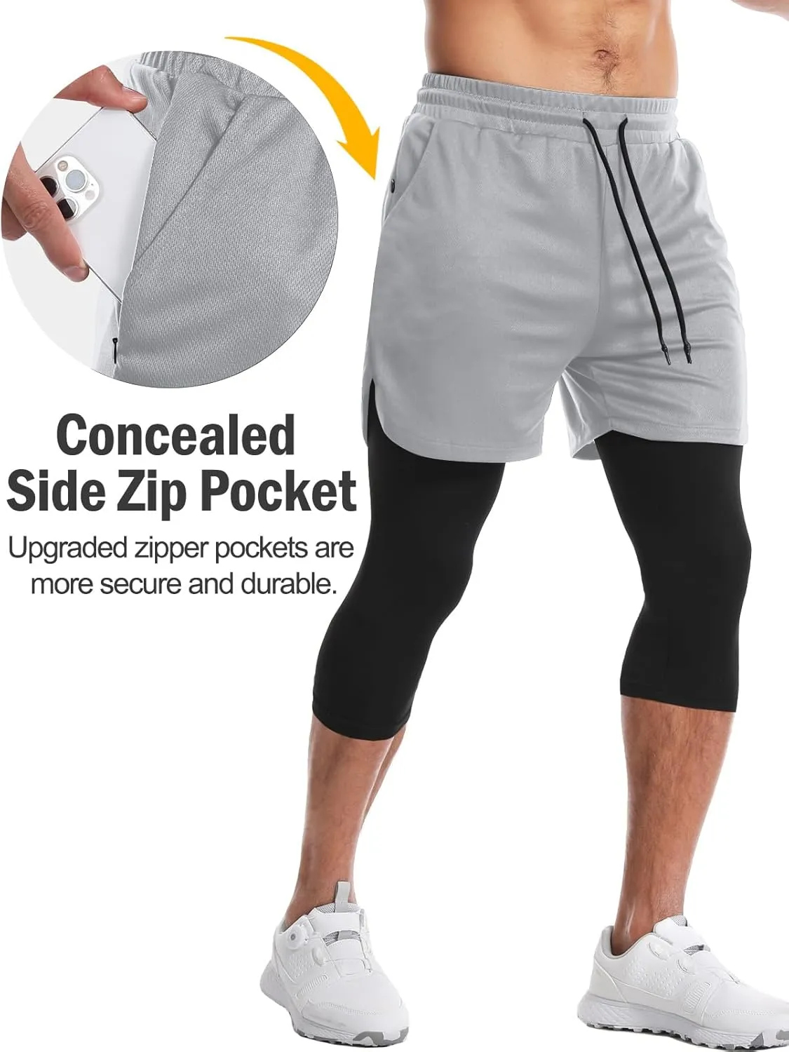 Aolesy Men's 2 in 1 Running Compression Pants, Black, High Rise, Athletic Tapered