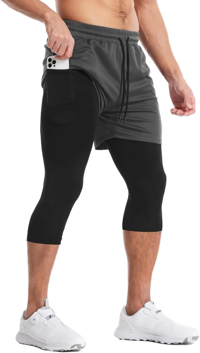 Aolesy Men's 2 in 1 Running Compression Pants, Black, High Rise, Athletic Tapered