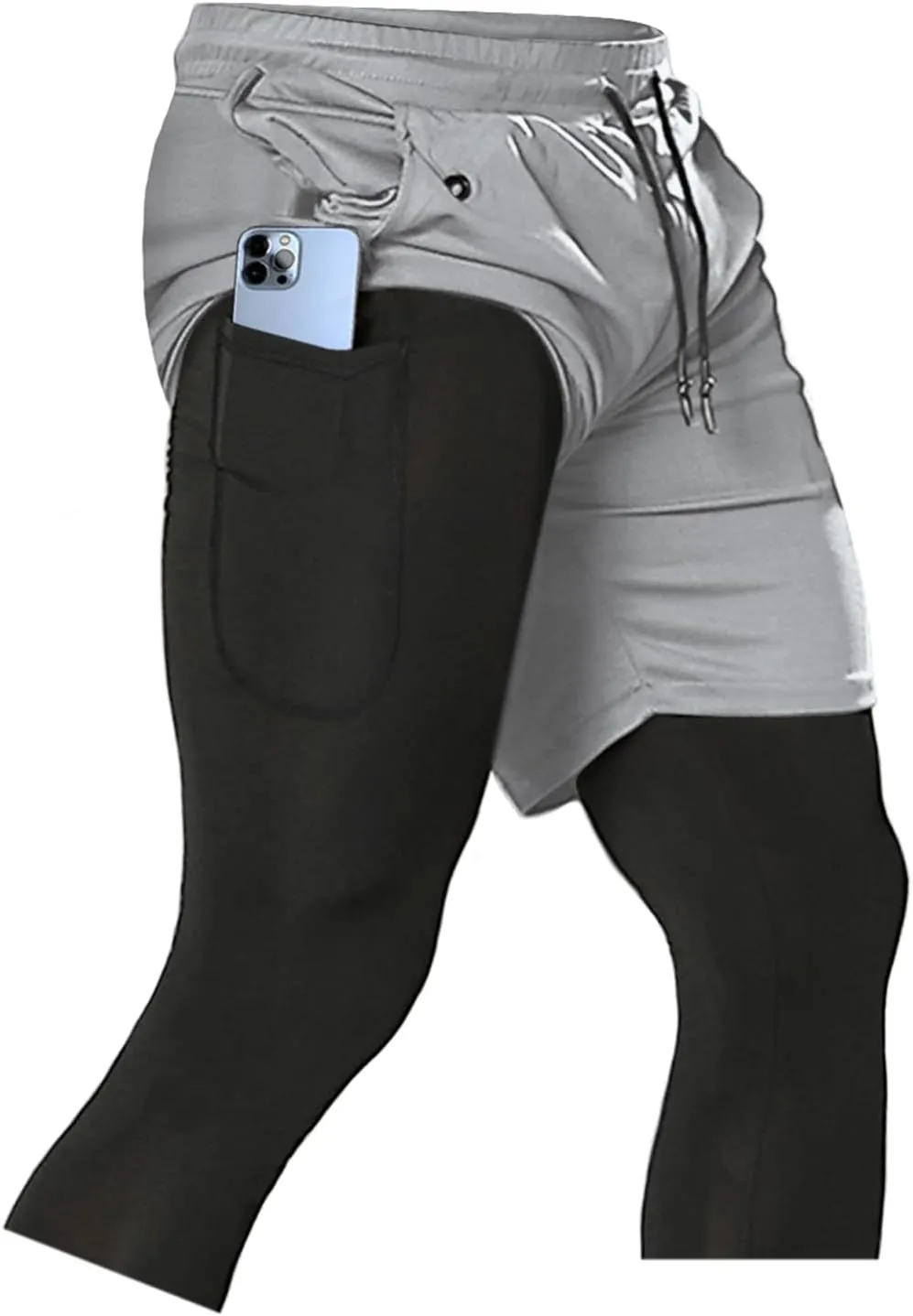 Aolesy Men's 2 in 1 Running Compression Pants, Black, High Rise, Athletic Tapered