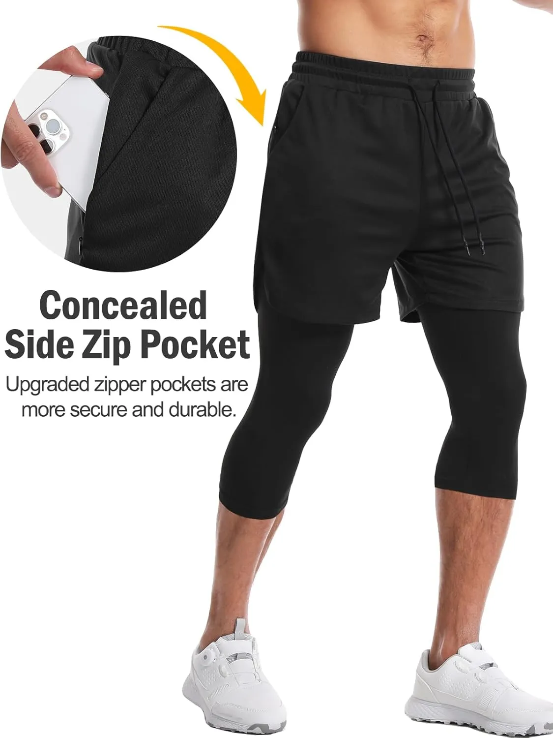 Aolesy Men's 2 in 1 Running Compression Pants, Black, High Rise, Athletic Tapered