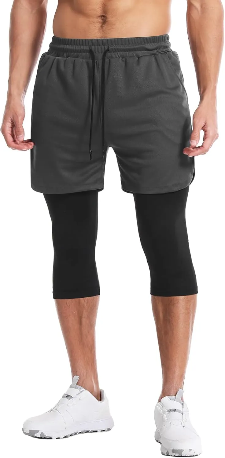 Aolesy Men's 2 in 1 Running Compression Pants, Black, High Rise, Athletic Tapered