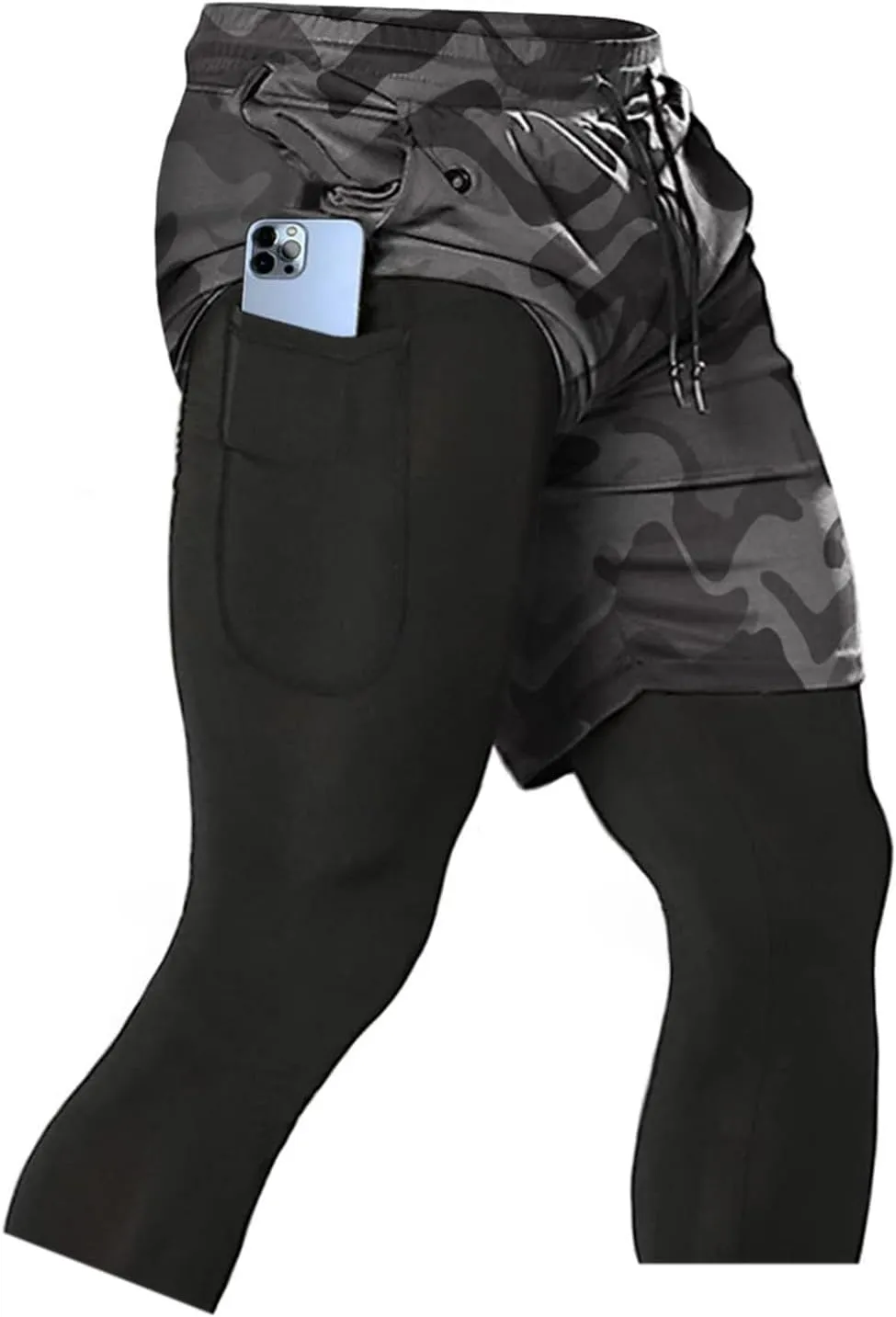 Aolesy Men's 2 in 1 Running Compression Pants, Black, High Rise, Athletic Tapered