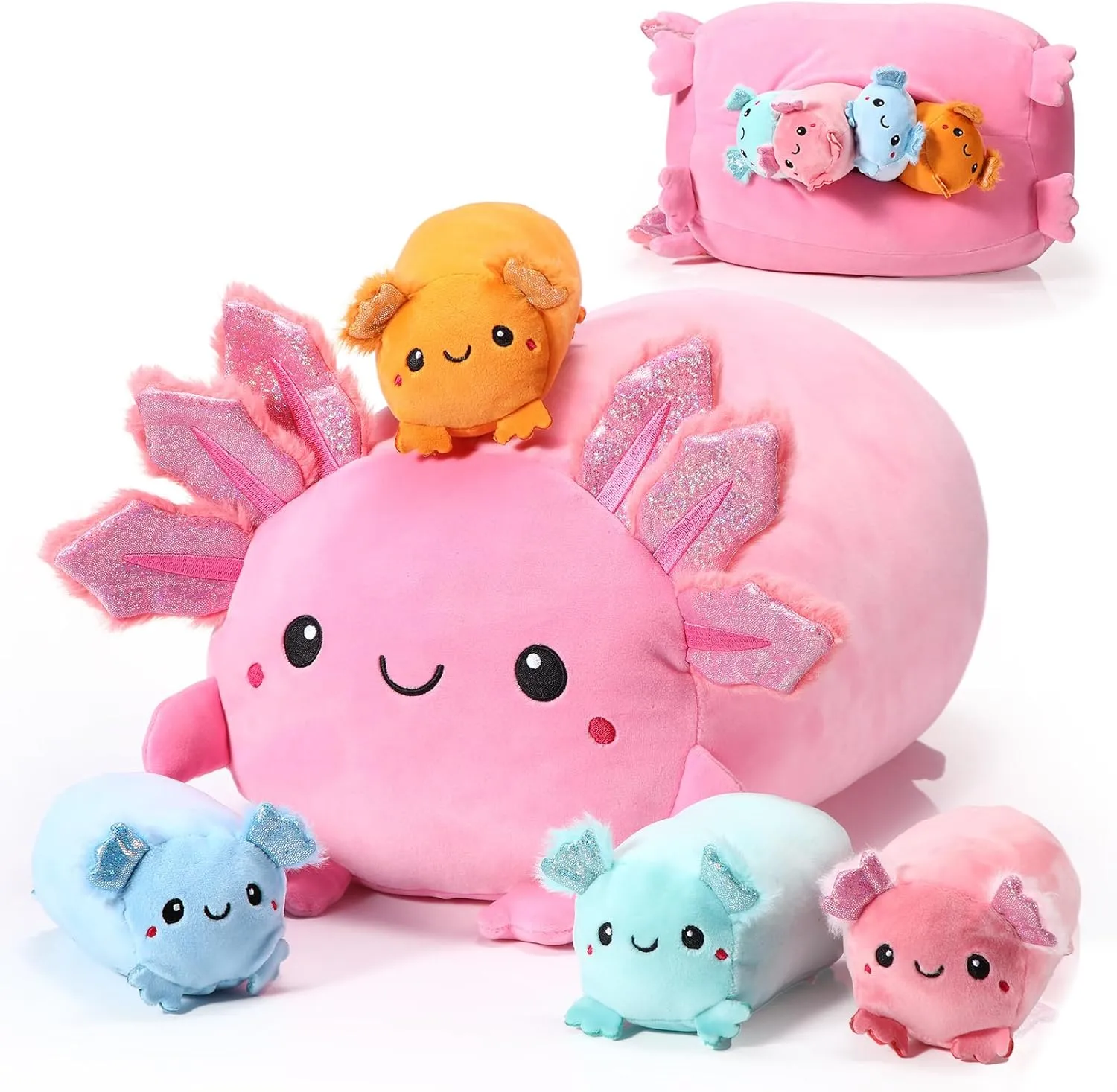 Aoriher 5 Pcs Kawaii Axolotl Stuffed Animal Cute 14 Inch Mom Axolotl with 4.72 in Mini Plush Toy Stuffed Plushies Dolls Soft Throw Pillow for Adults Boys Girls Valentine‘s Day Easter Gift