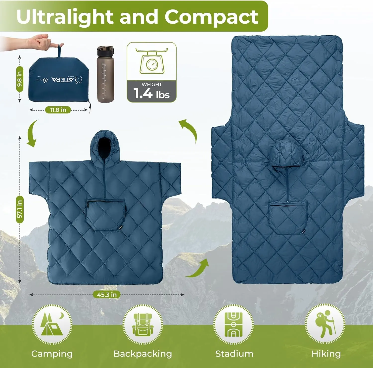 ATEPA Wearable Sleeping Bag, Recycled Stadium Blanket Packable Ultralight Warm Windproof Poncho Camping Outdoor Sports