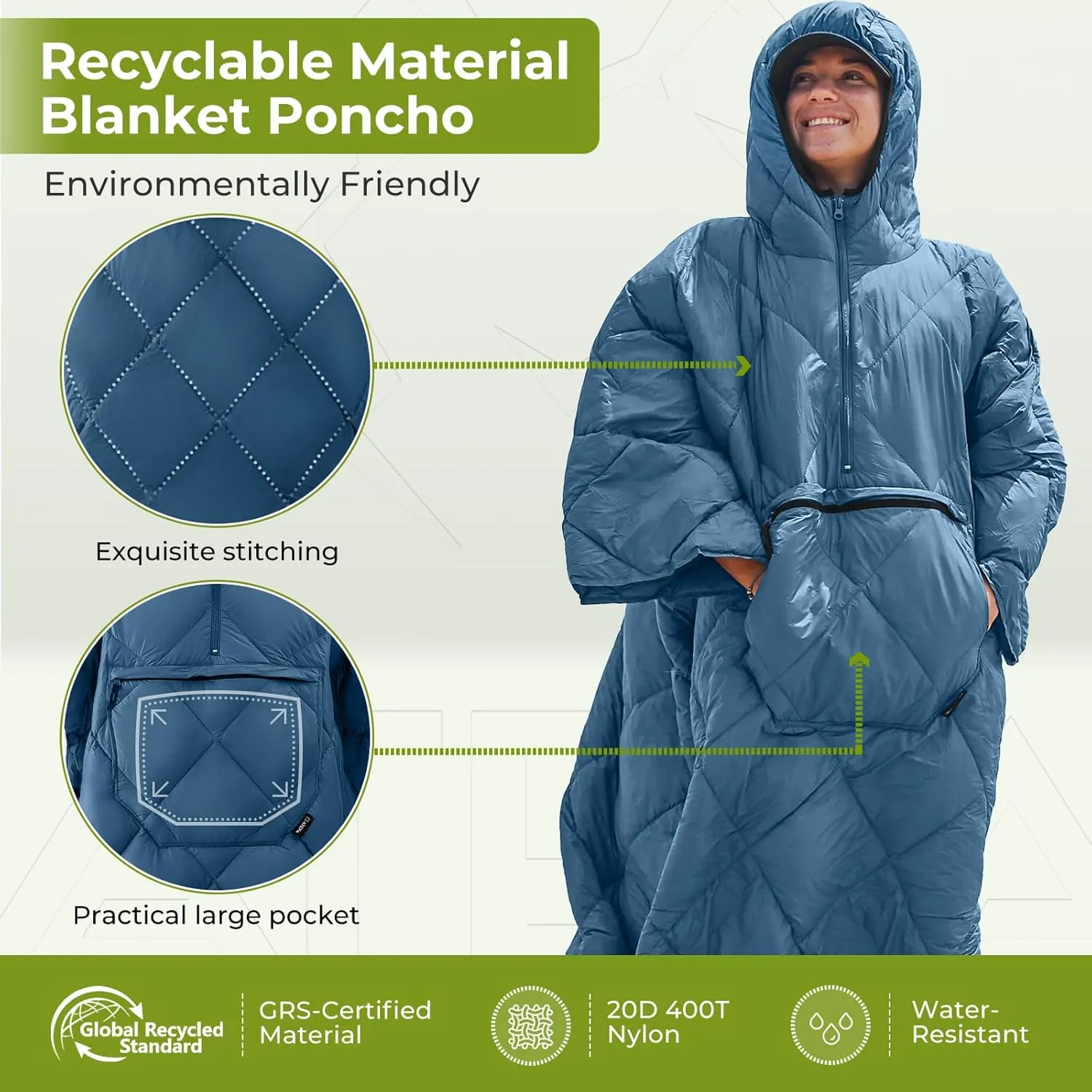 ATEPA Wearable Sleeping Bag, Recycled Stadium Blanket Packable Ultralight Warm Windproof Poncho Camping Outdoor Sports