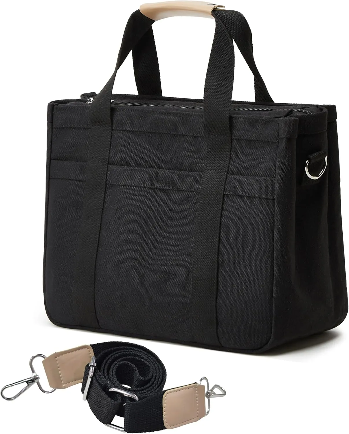 Attached Bottom Canvas Tote Bag with Multi Pockets Zipper Crossbody Satchel Hobo Three-Layer Mom Bag Diaper Bag