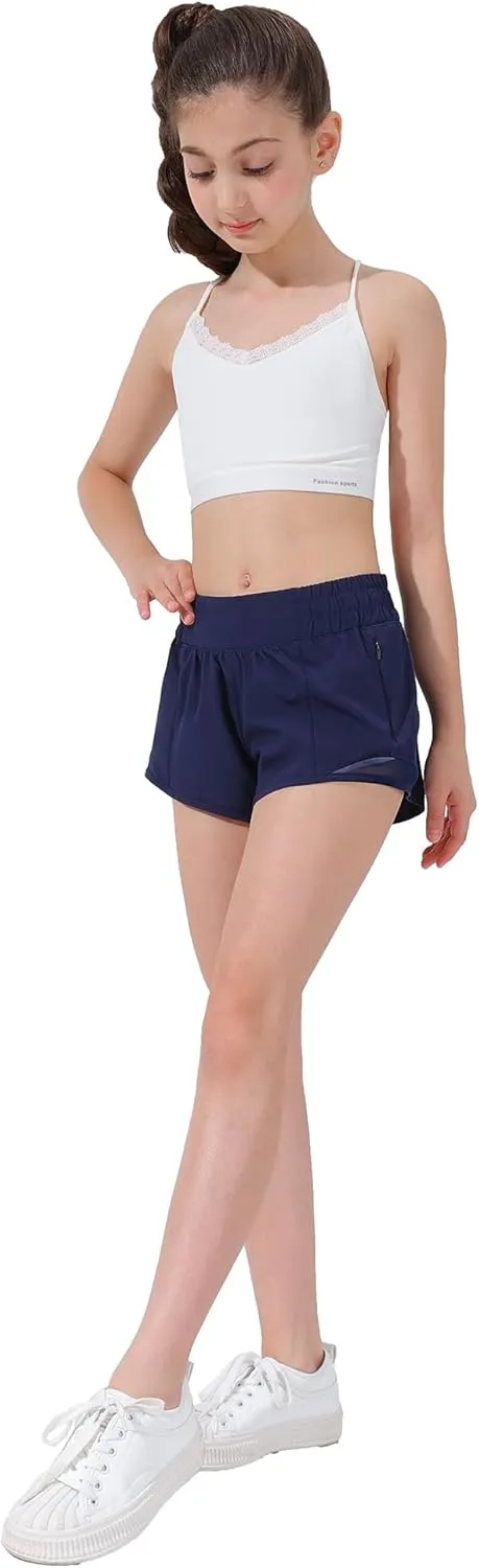 Aurefin Girls Athletic Shorts, Lightweight Running Shorts for Teen Girls Kids Sports Active Short with Zip Pocket and Elastic