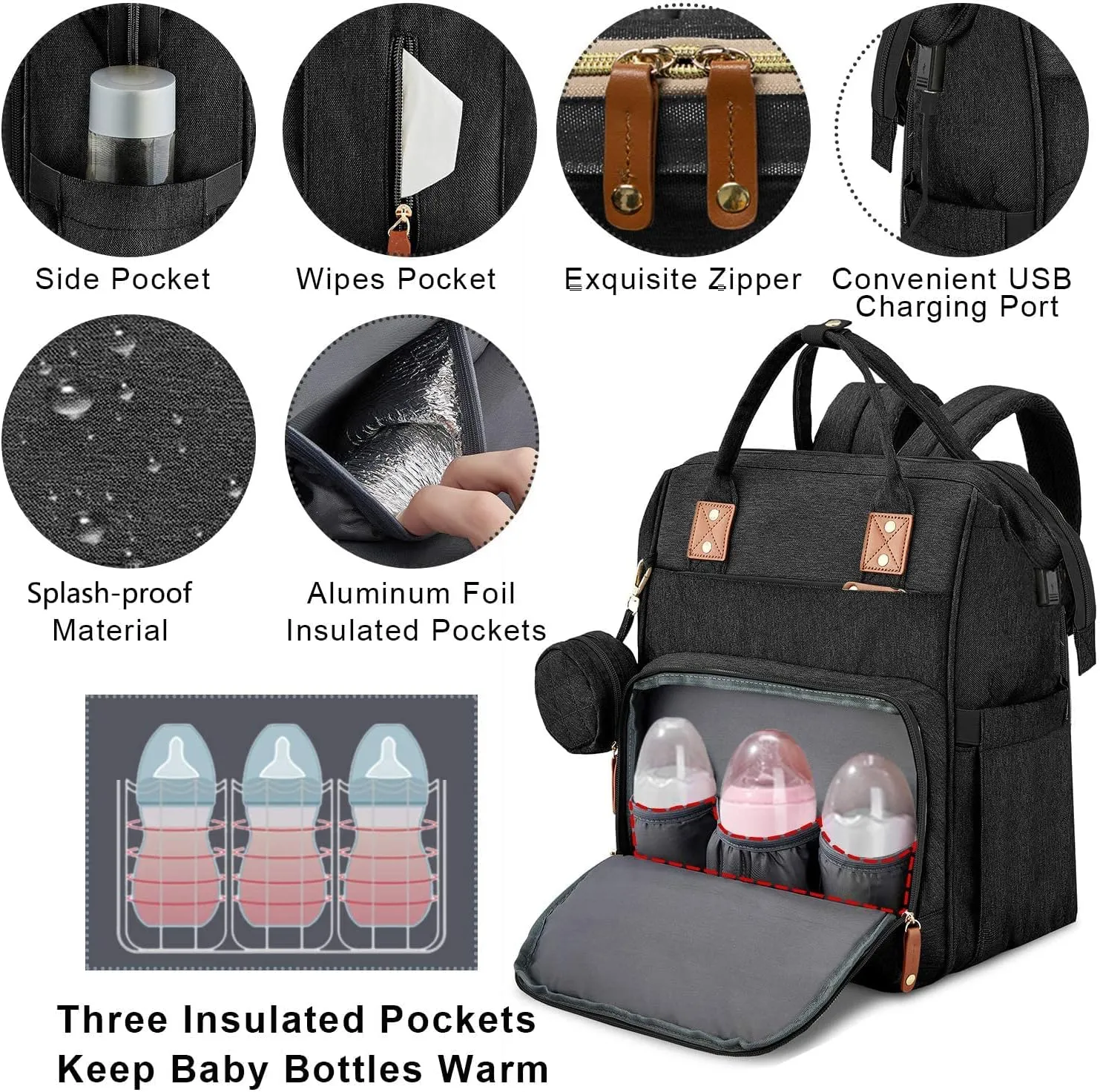 Baby Diaper Bag Backpack with Changing Station Travel Mommy Bags Boys Girls Multifunction Travel Bag Backpack Baby Stroller Large Capacity (3037-Black)