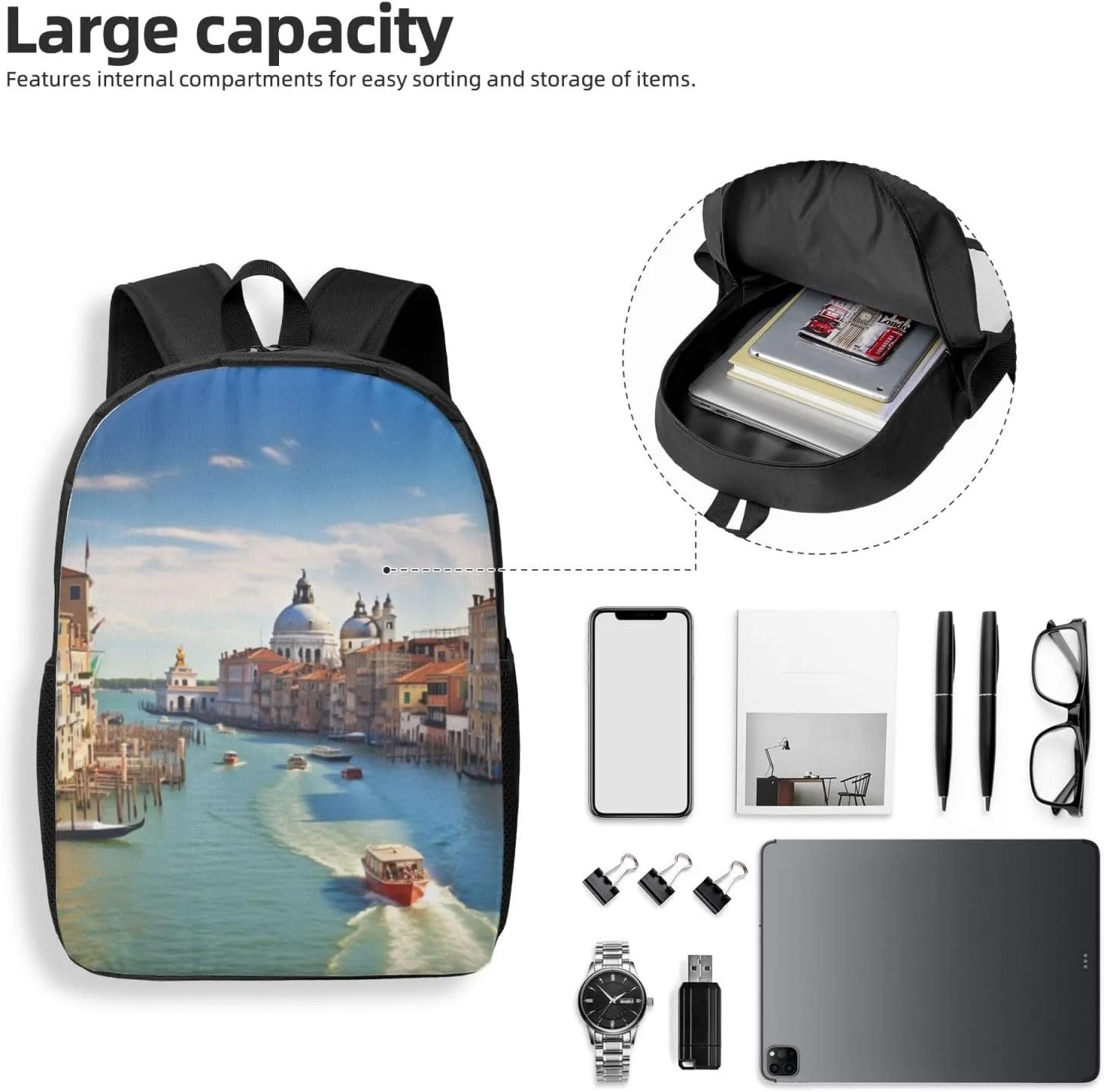 Backpack Grand canal in Italy Travel Casual Laptop Backpack 17 inch Waterproof Hiking Daypack for Men Women