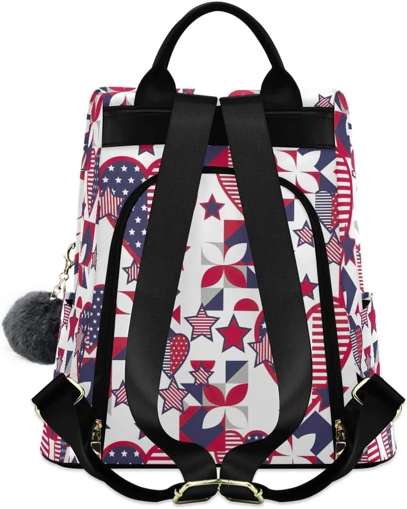 Backpack Purse for Women American Stars USA White Anti Theft Travel Bag Fashion Pompom Backpack for Hiking