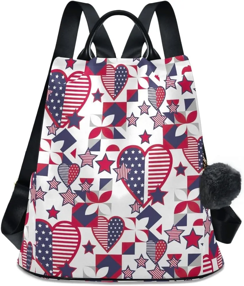 Backpack Purse for Women American Stars USA White Anti Theft Travel Bag Fashion Pompom Backpack for Hiking