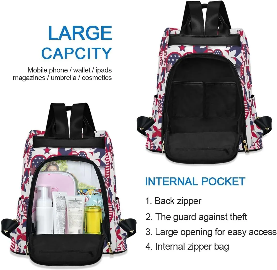 Backpack Purse for Women American Stars USA White Anti Theft Travel Bag Fashion Pompom Backpack for Hiking