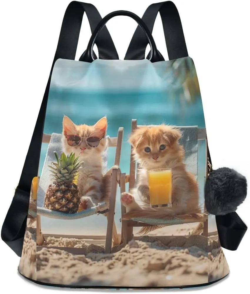 Backpack Purse for Women Cats in Beach Chairs Anti Theft Travel Bag Fashion Pompom Backpack for Hiking