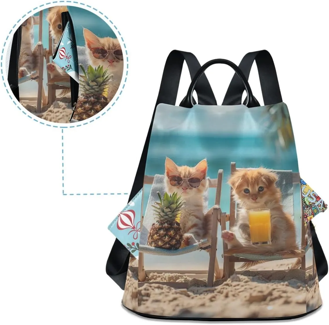 Backpack Purse for Women Cats in Beach Chairs Anti Theft Travel Bag Fashion Pompom Backpack for Hiking