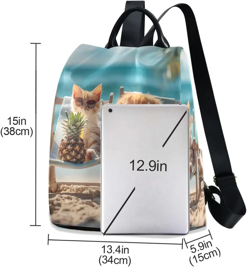 Backpack Purse for Women Cats in Beach Chairs Anti Theft Travel Bag Fashion Pompom Backpack for Hiking