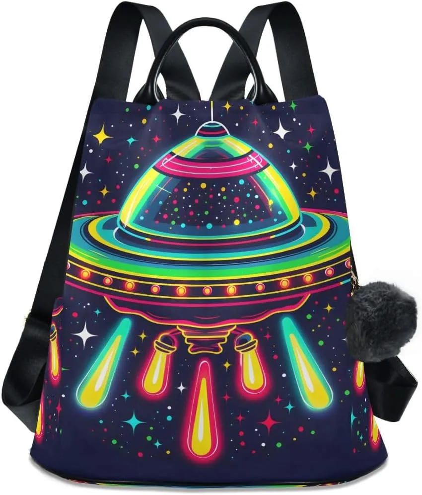 Backpack Purse for Women Fashion Travel Anti-theft Neon Ufo Spacecraft Daypack Casual Shoulder Bag Medium Size