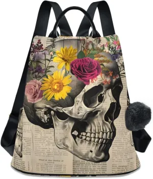 Backpack Purse for Women Fashion Travel Anti-theft Newspaper Skull Daypack Casual Shoulder Bag Medium Size
