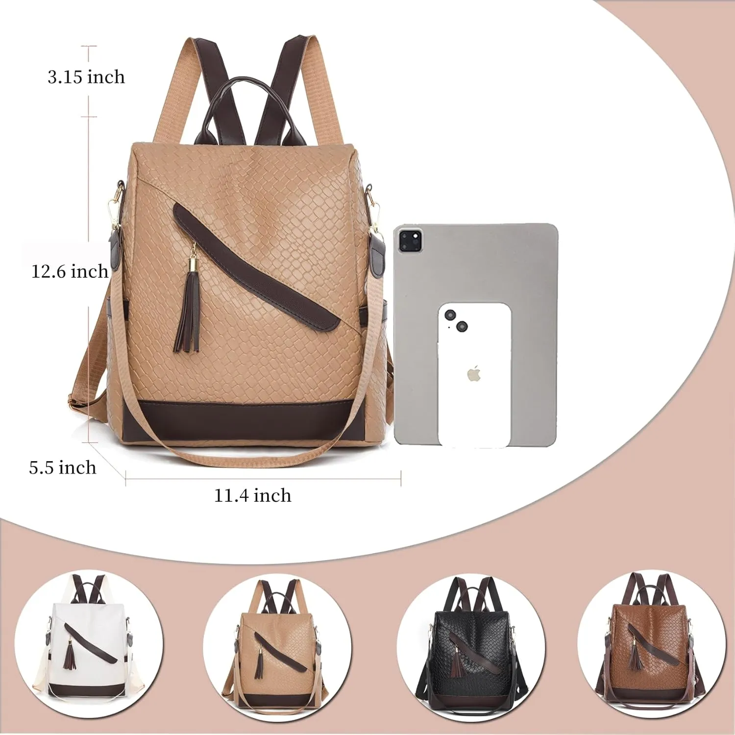 Backpack Purse for Women Leather Anti-theft Shoulder Bags Fashion Convertible Lightweight Travel Bag Women's Handbag (khaki)
