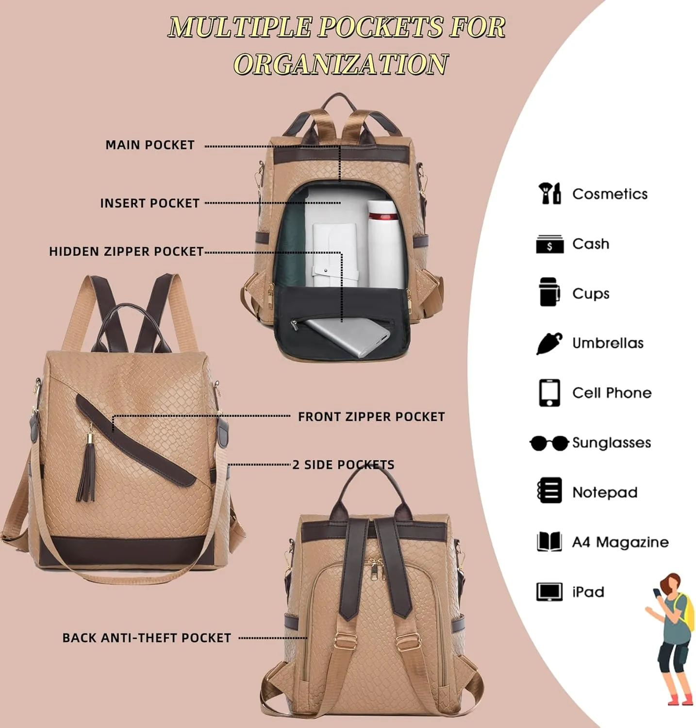 Backpack Purse for Women Leather Anti-theft Shoulder Bags Fashion Convertible Lightweight Travel Bag Women's Handbag (khaki)