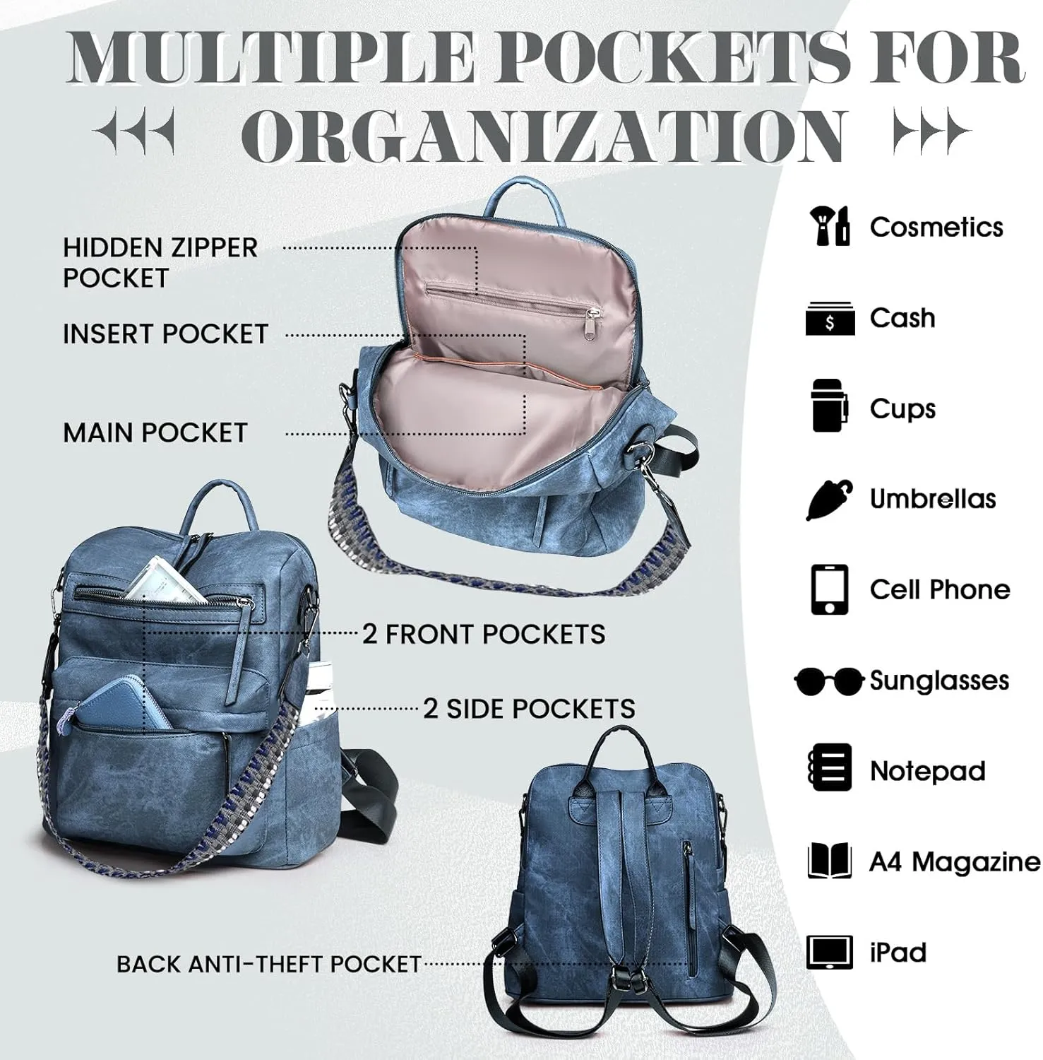 Backpack Purse for Women, PU Leather Back pack Purse, Multiple Pockets Anti Theft Back pack with Adjustable Straps, Women Backpack for Daily Work Travel, Blue