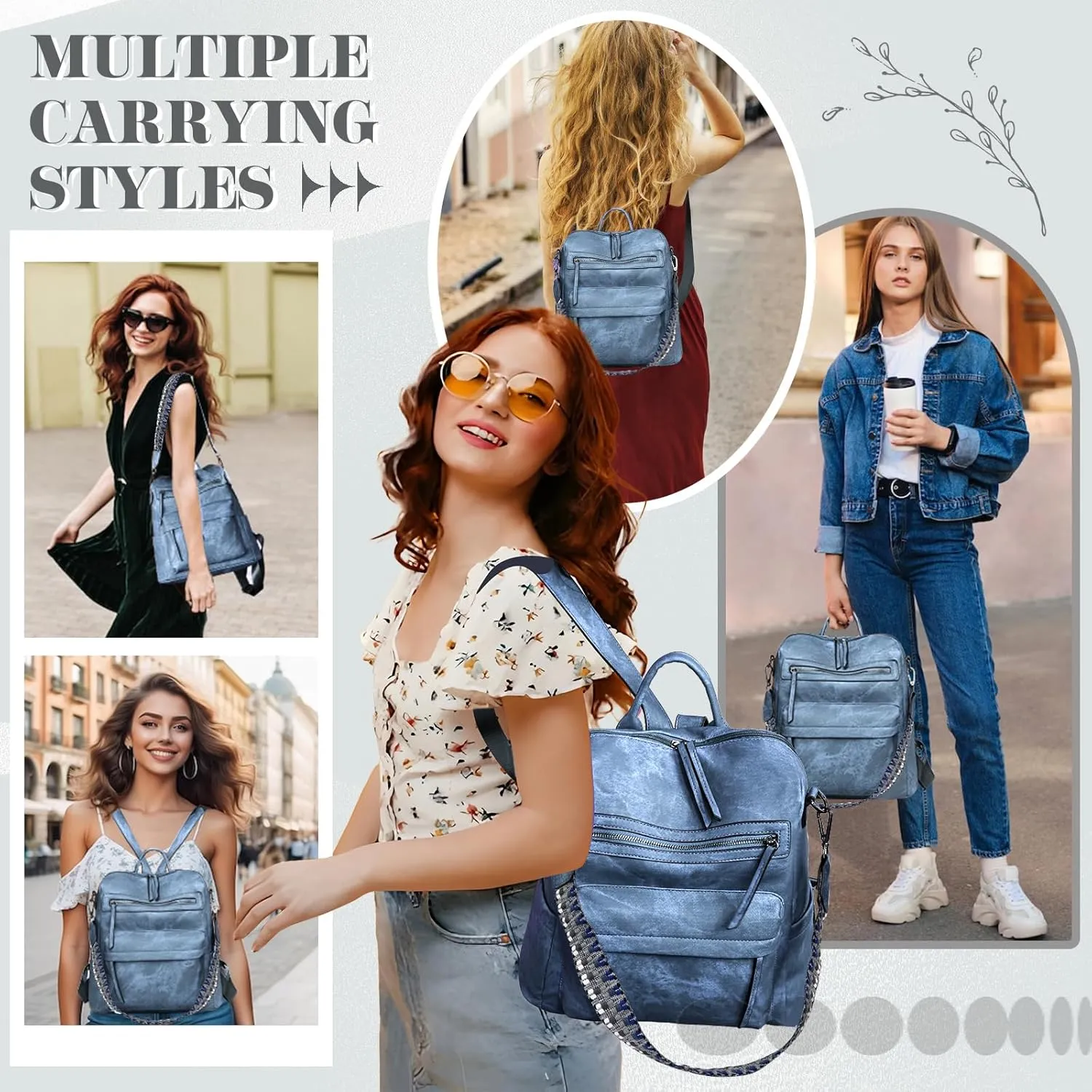 Backpack Purse for Women, PU Leather Back pack Purse, Multiple Pockets Anti Theft Back pack with Adjustable Straps, Women Backpack for Daily Work Travel, Blue