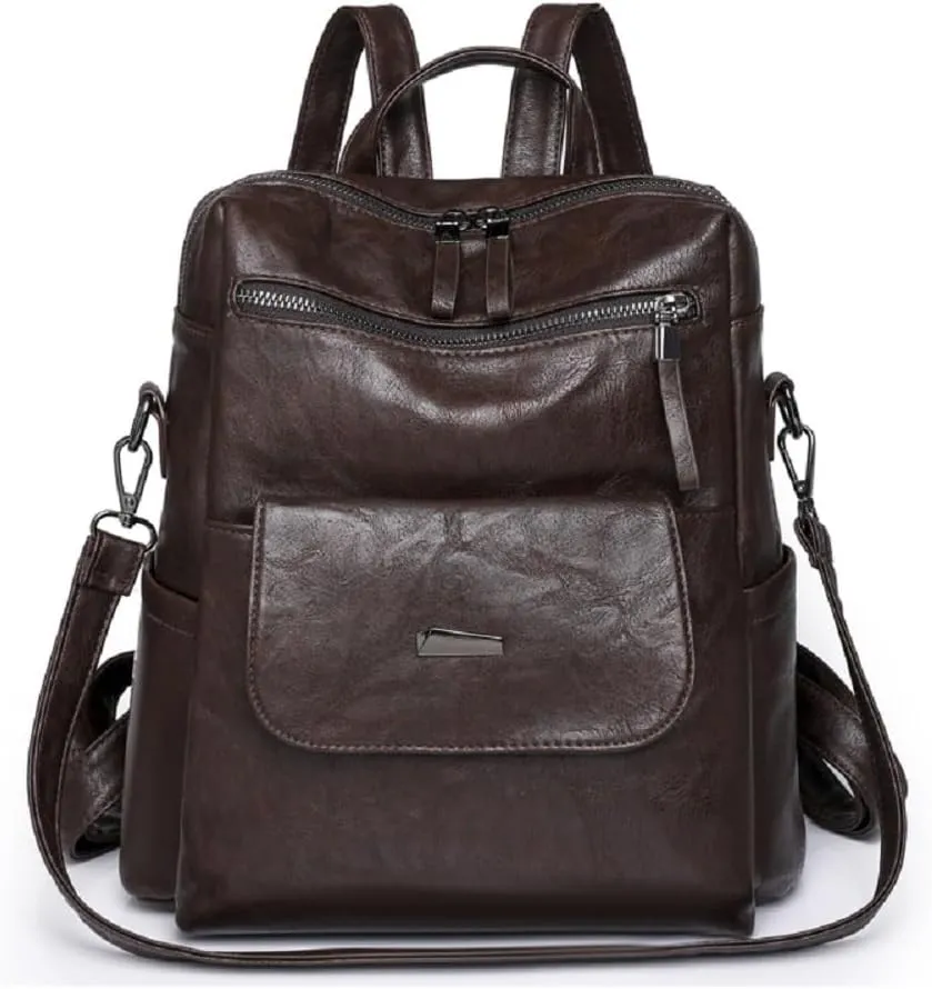 Backpack Purse for Women Pu Leather Travel Backpack Ladies Shoulder Bags Anti-theft Satchel Handbag (Coffee)