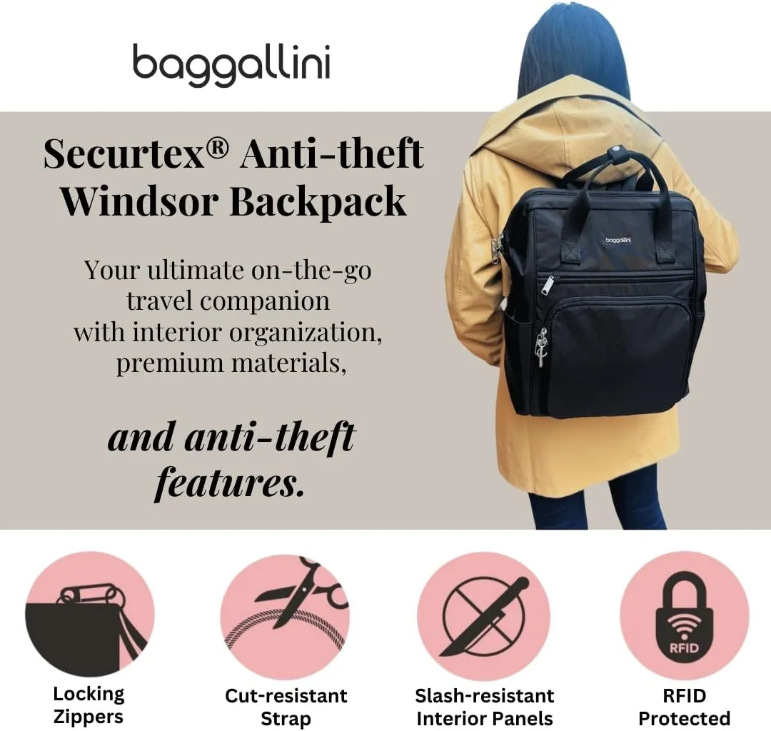 Baggallini Securtex Anti-Theft Windsor Backpack for Travel, Work & Collage, RFID & Locking Zipper, Up to 16" Laptop