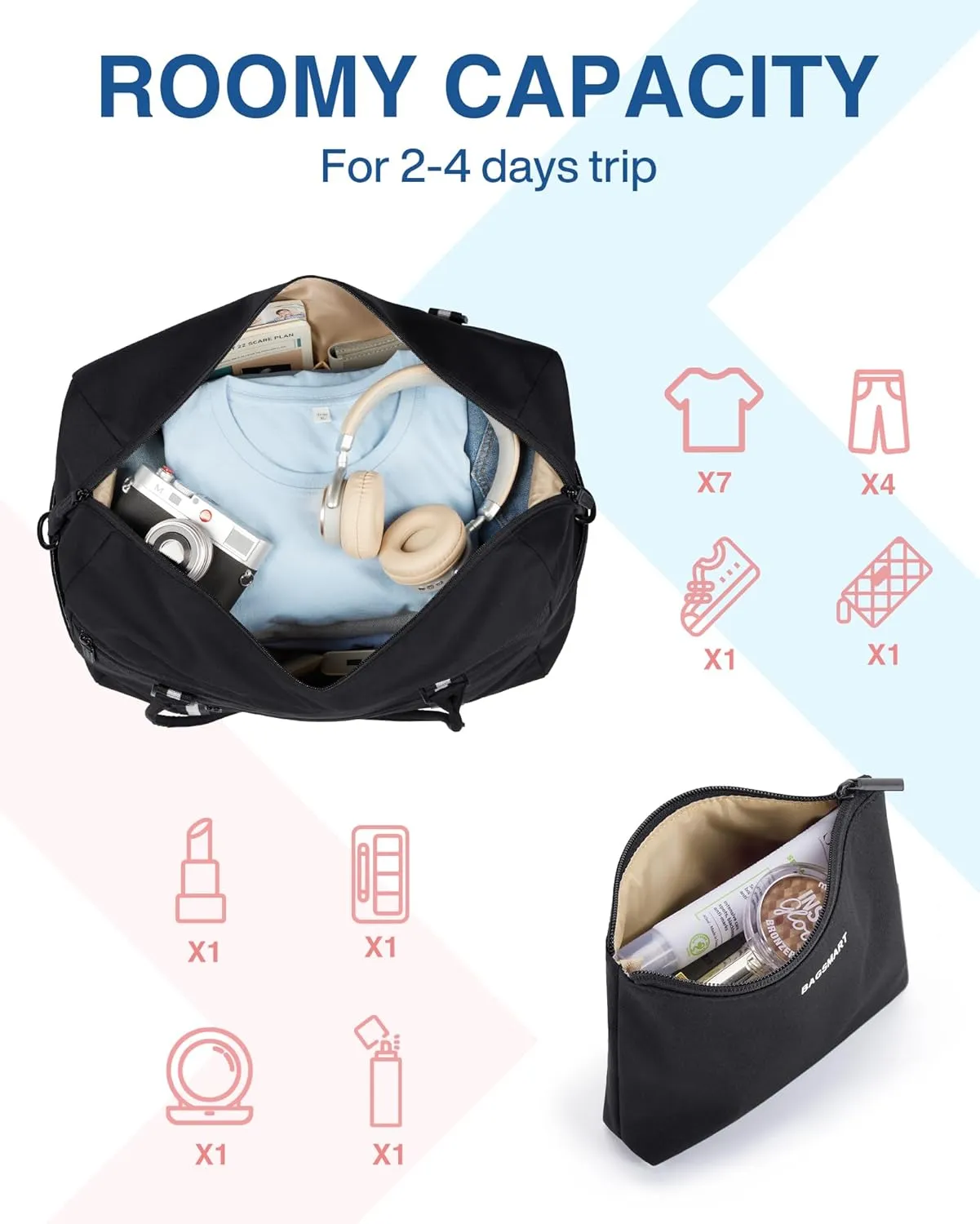 BAGSMART Travel Duffle Bag for Women, Multi Pockets Carry On Weekender Overnight Bag, Large Travel Tote for Personal Items, Black