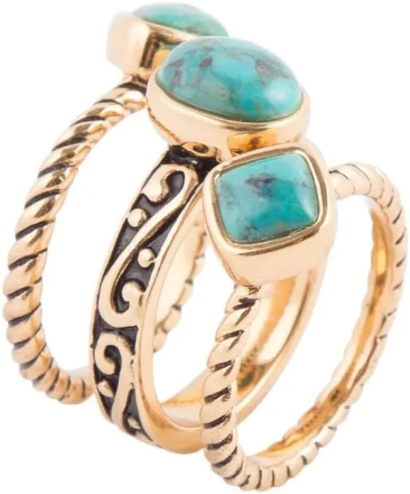 Barse Jewelry Multi-Shape Blue Turquoise and Golden Trio Ring Set