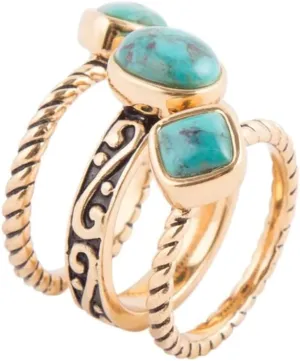 Barse Jewelry Multi-Shape Blue Turquoise and Golden Trio Ring Set