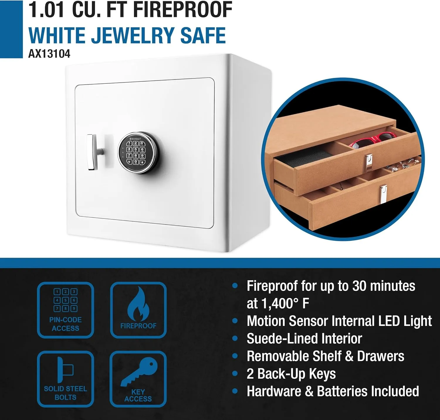 BARSKA Digital Keypad Fireproof Security Jewelry Safe with Suede Lined Drawer, Glass Shelf, Motion Sensor LED - White - 1.01 Cu Ft