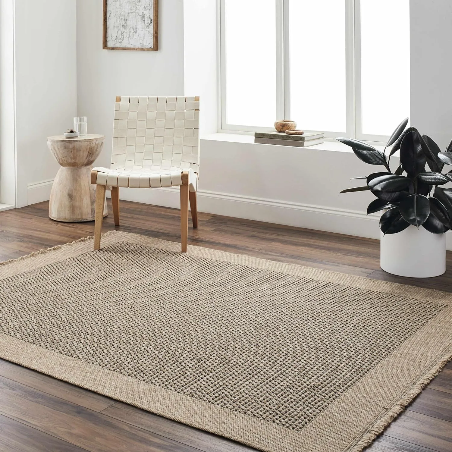 Bast Bordered with Fringe Runner Rug - Outdoor Safe - Light Beige, Walnut, Faded Driftwood - 2'7" x 7' Runner