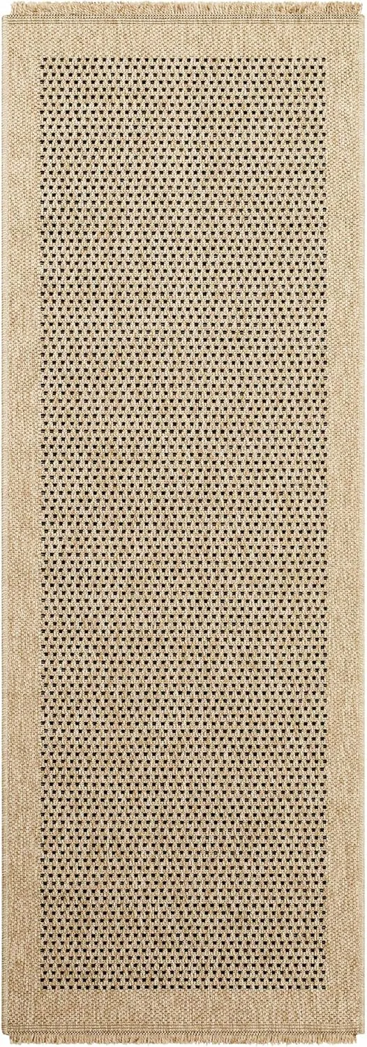 Bast Bordered with Fringe Runner Rug - Outdoor Safe - Light Beige, Walnut, Faded Driftwood - 2'7" x 7' Runner