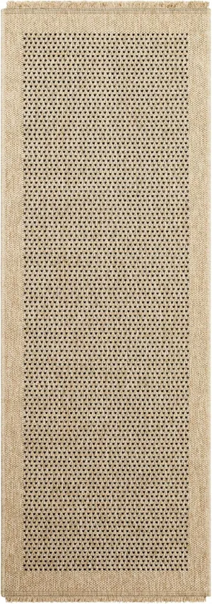 Bast Bordered with Fringe Runner Rug - Outdoor Safe - Light Beige, Walnut, Faded Driftwood - 2'7" x 7' Runner