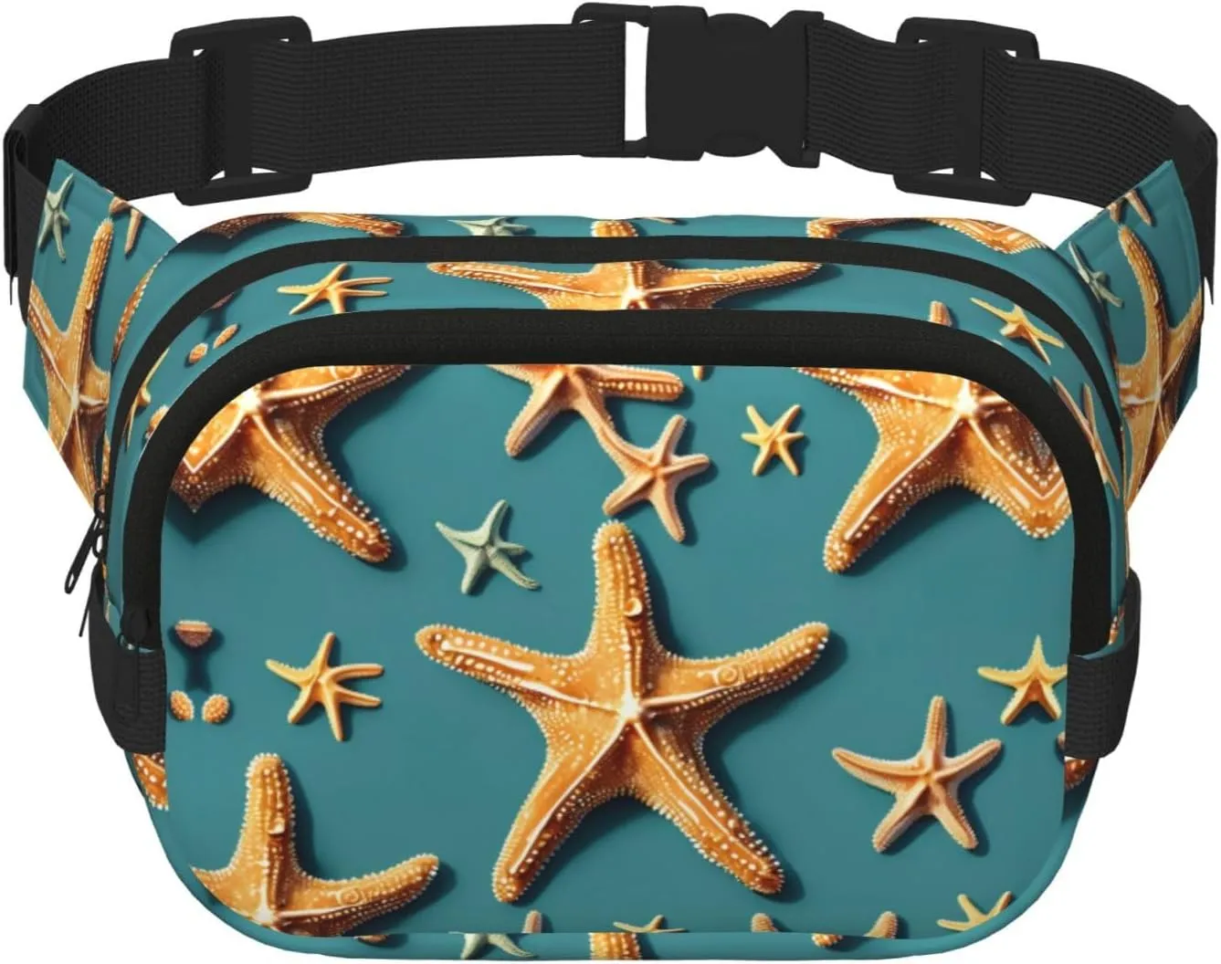 Beach Starfish Print Square Waist Purse Double Layer Fanny BagTrendy Travel Waist Bag for Men and Women