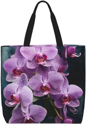 Beach Tote Bag for Women Grocery Bag Reusable Aesthetic Shopping Bags Beautiful Purple Orchids Handbag