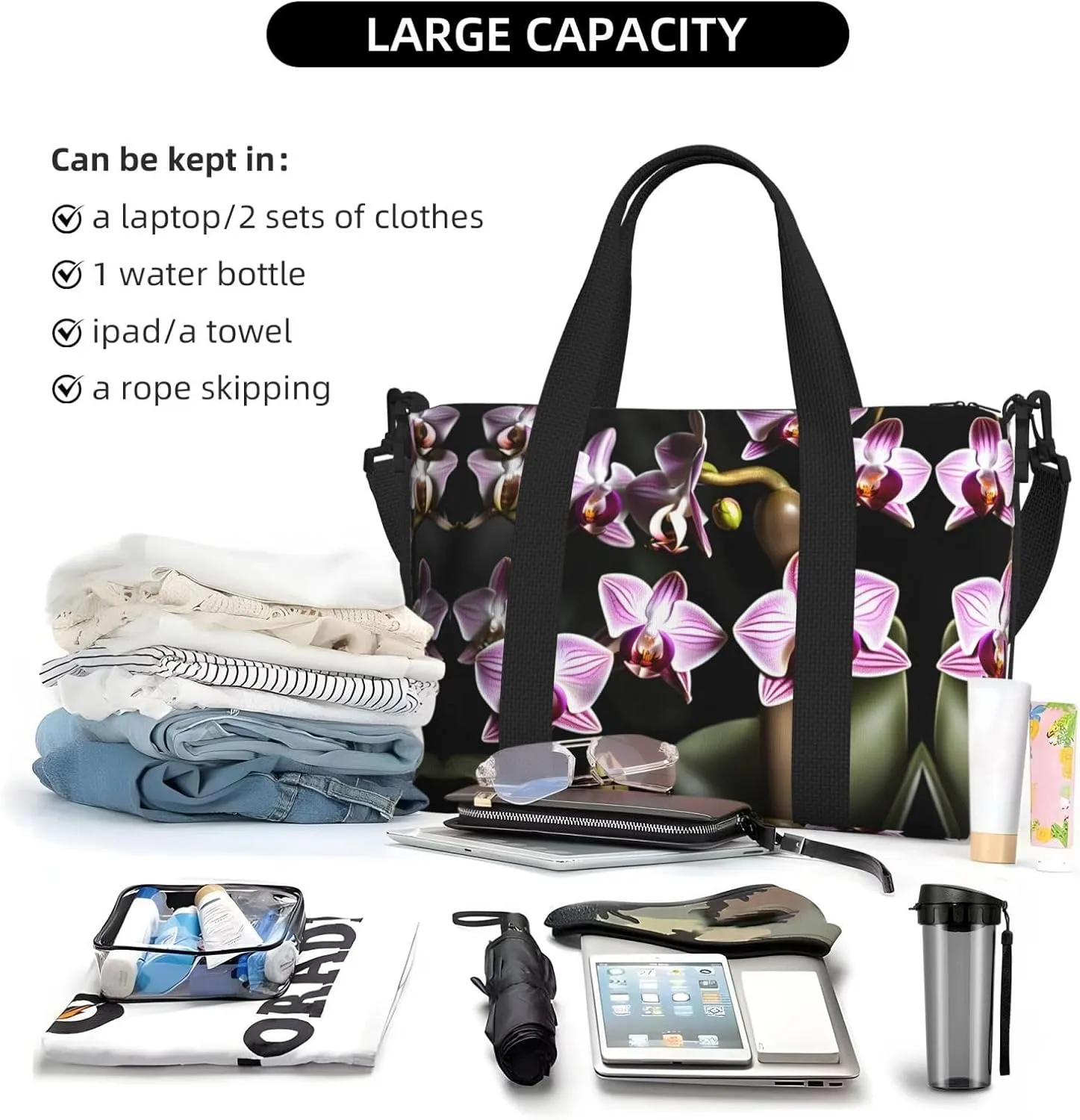 Bell Orchid Pattern Travel Bags, Weekender Carry On For Women, Sports Gym Bag, Workout Duffel Bag,Overnight