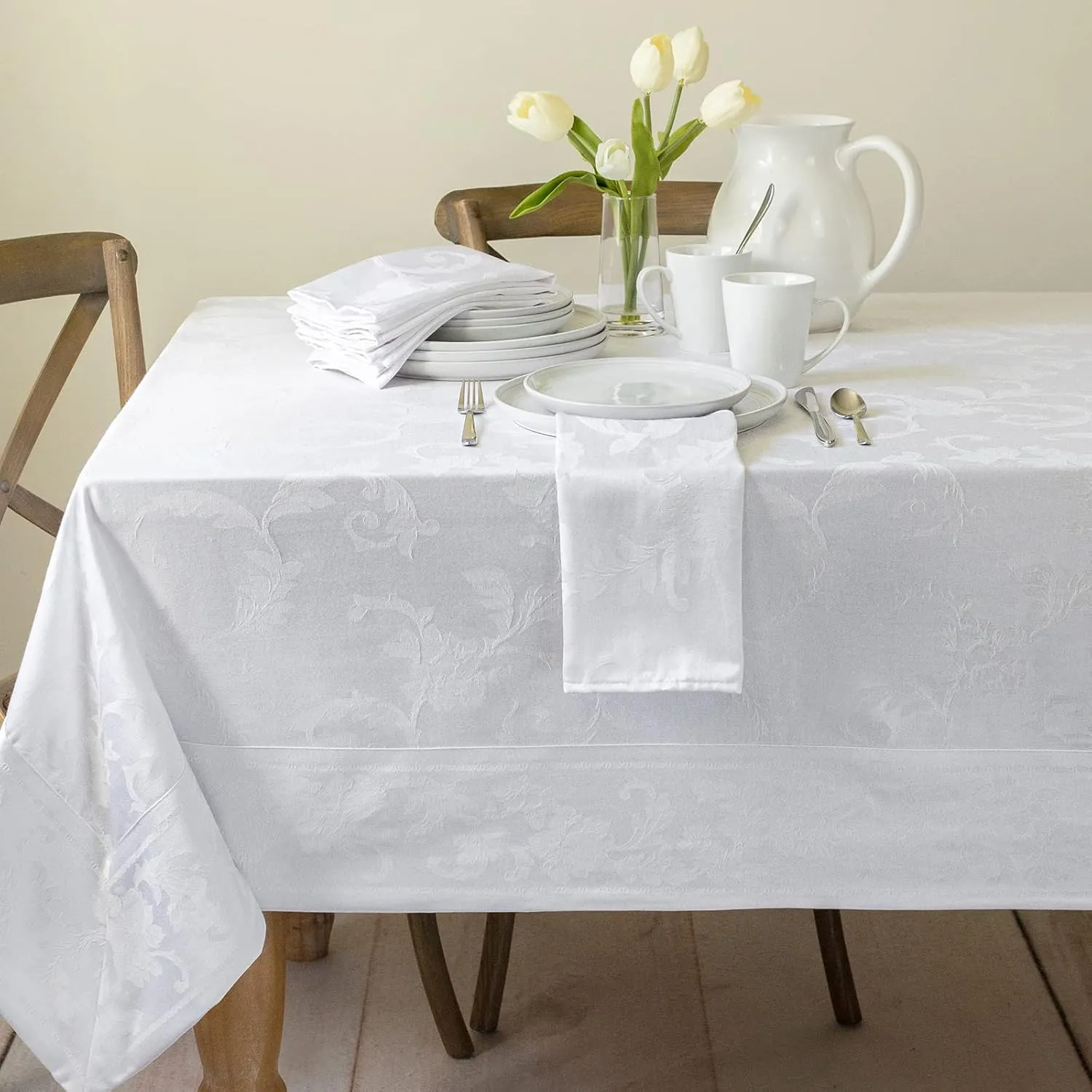 Benson Mills Harmony Scroll Woven Damask Fabric Tablecloth, Everyday, Parties, Special Occasions, Weddings and Holiday Table Cloth (60" X 144" Rectangular, White)