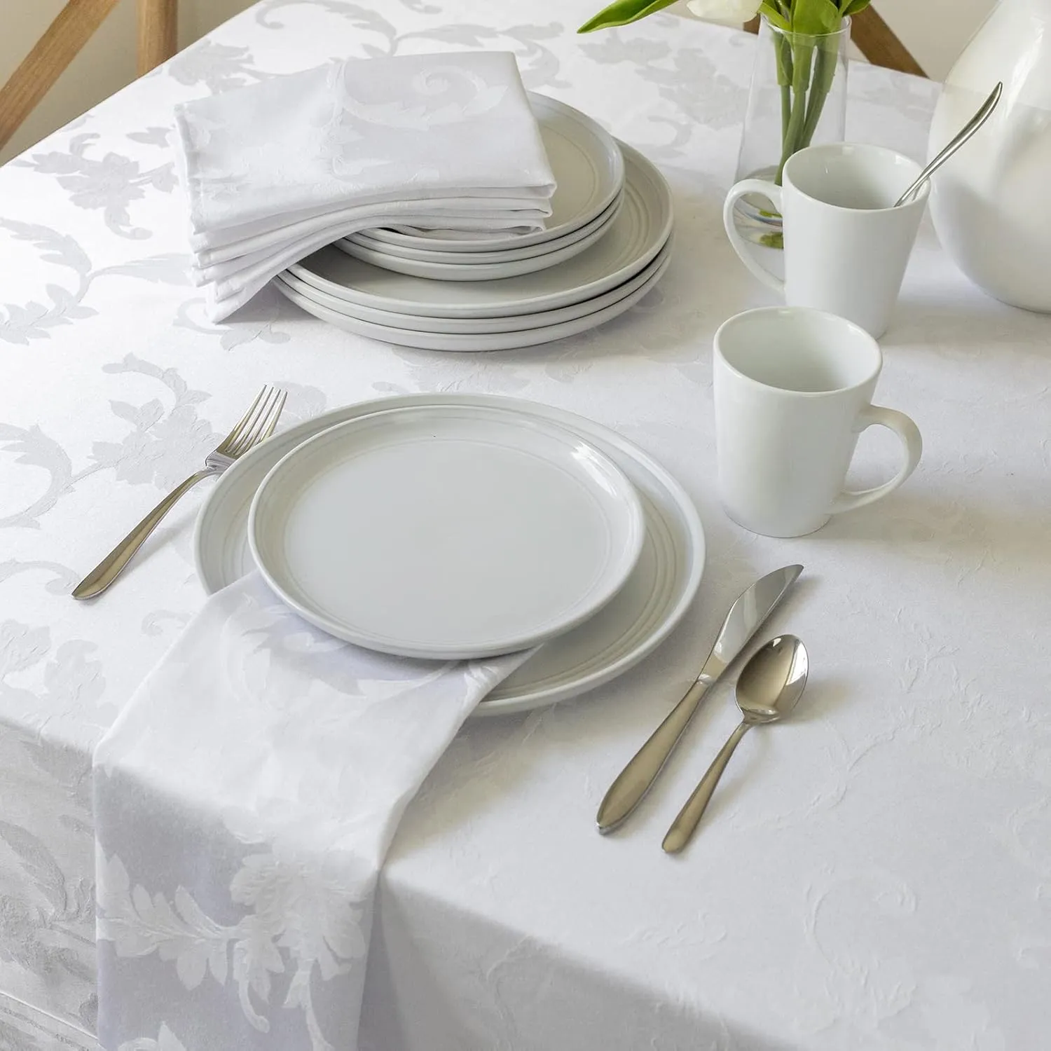 Benson Mills Harmony Scroll Woven Damask Fabric Tablecloth, Everyday, Parties, Special Occasions, Weddings and Holiday Table Cloth (60" X 144" Rectangular, White)