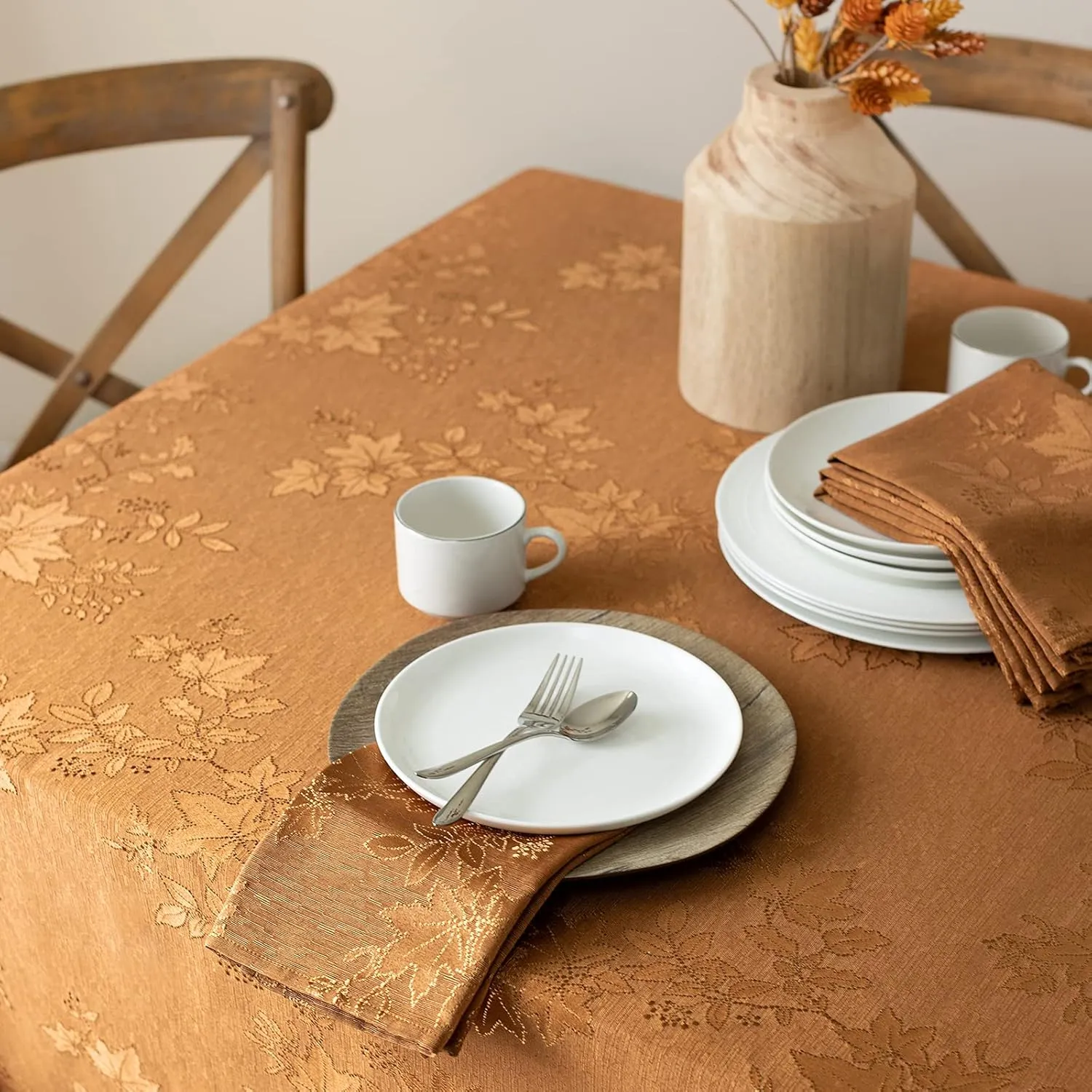 Benson Mills Tablecloth, Countryside Leaves Damask Fabric Table Cloth for Fall, Harvest & Thanksgiving (Amber, 60" x 84" Rectangular)