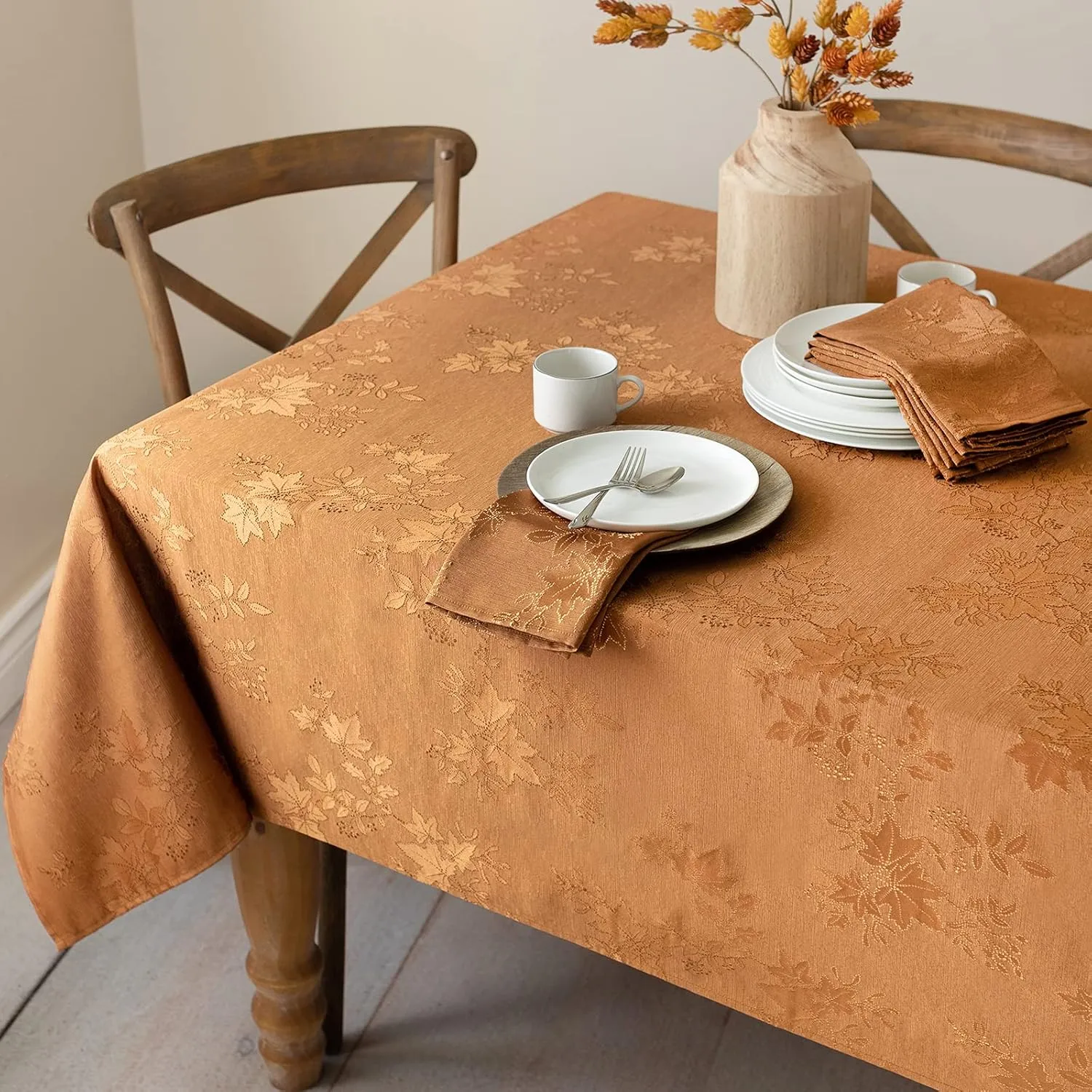 Benson Mills Tablecloth, Countryside Leaves Damask Fabric Table Cloth for Fall, Harvest & Thanksgiving (Amber, 60" x 84" Rectangular)
