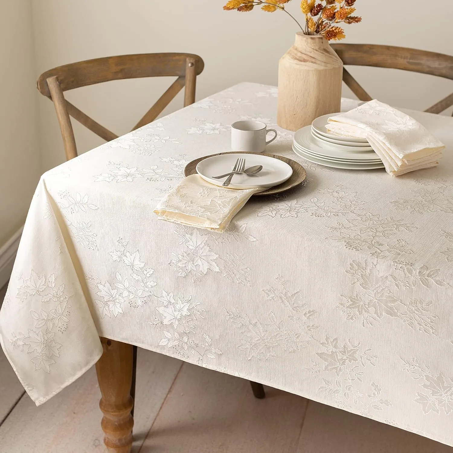 Benson Mills Tablecloth, Countryside Leaves Damask Fabric Table Cloth for Fall, Harvest & Thanksgiving (Ivory, 60" x 84" Rectangular)